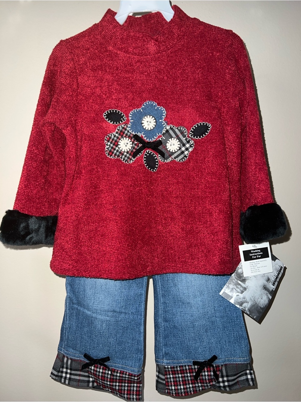 Vintage cach Cach Red Chenille Sweater with Faux Fur Trim and Matching Blue Jean